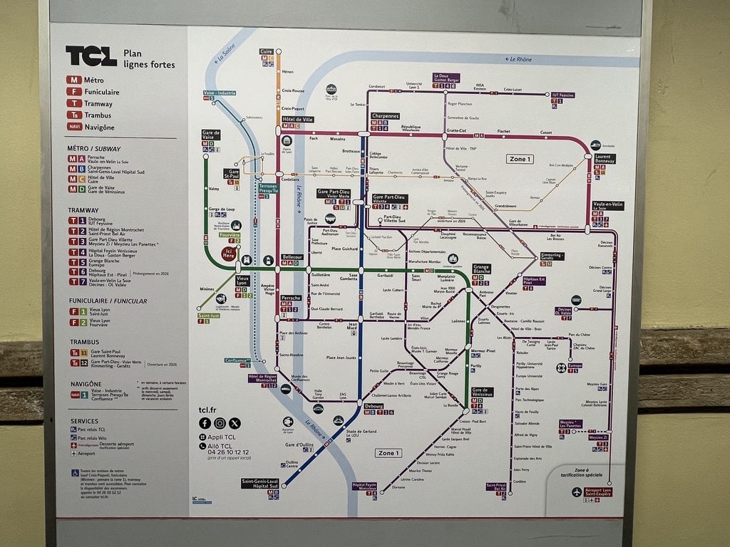 TCL public transportation map in Lyon showing the metro tram funicular and other transit lines that connect major stops including Vieux Lyon. Fourvière. Bellecour. Hôtel de Ville. Gare Part Dieu. and other useful destinations for planning a Lyon itinerary.