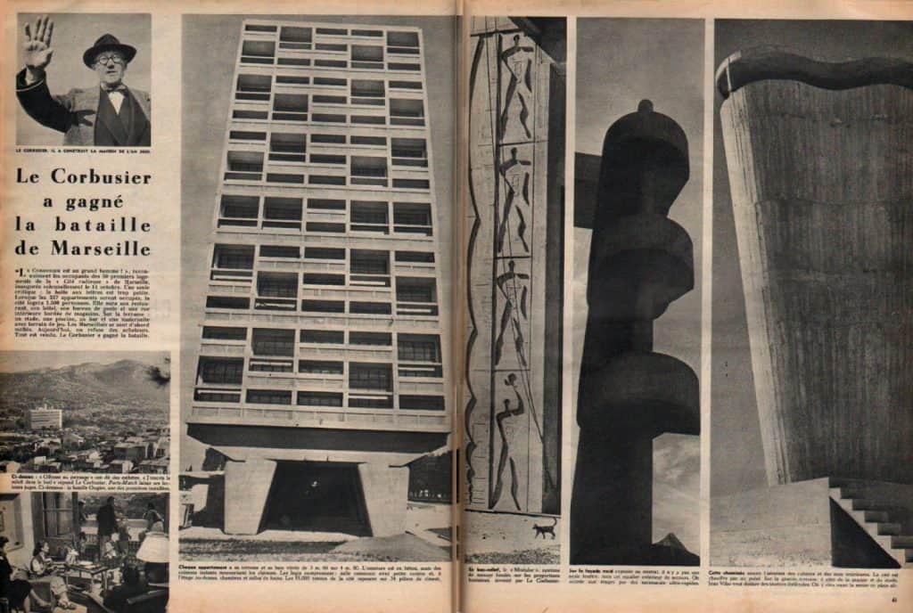 Newspaper article from 1952 showing elements of Cité Radieuse and a photo of Le Corbusier.