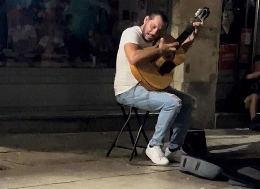 Guitar Player along cobblestone street in Vieux Lyon