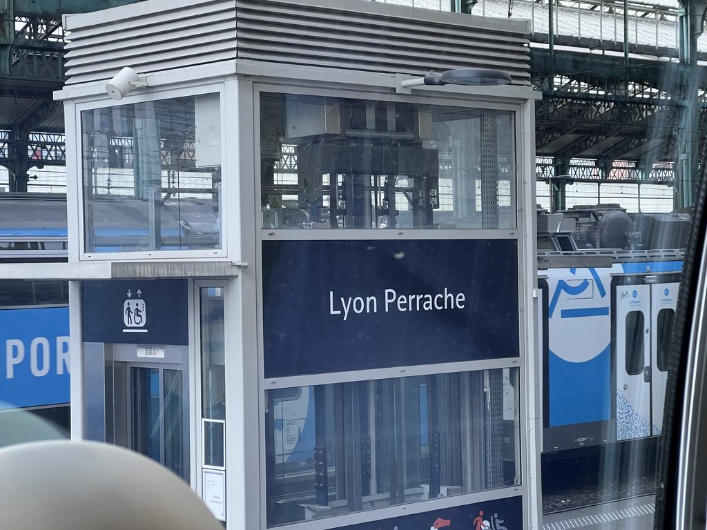 View of Lyon Perrache Station sign, which is used for day trips by train.